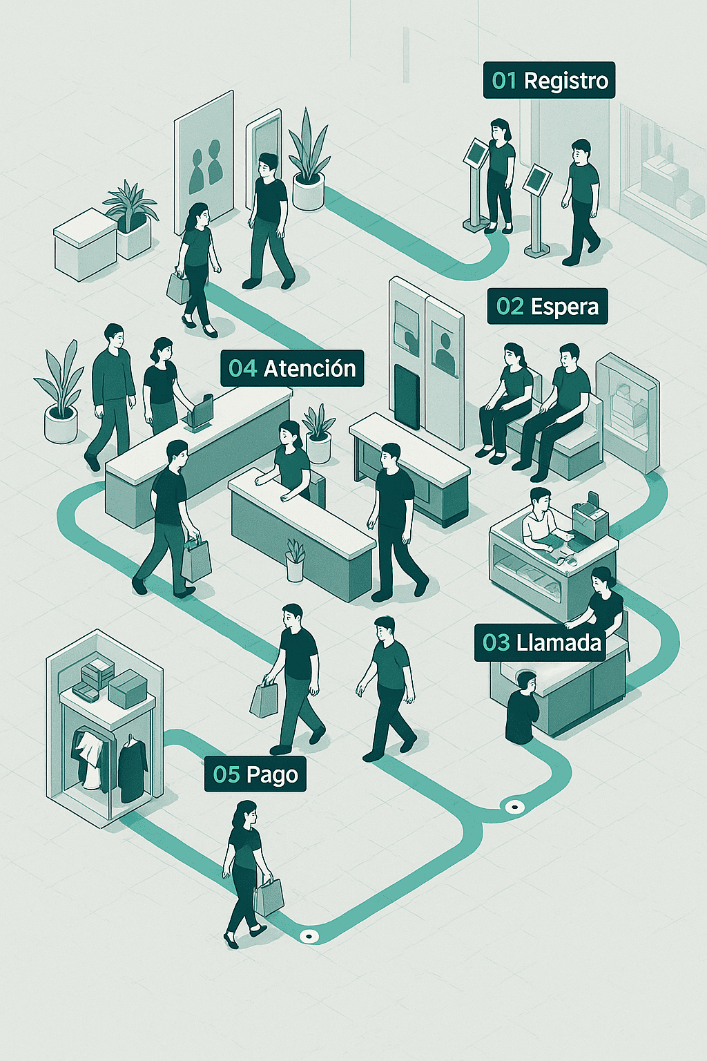 Proceso del kiosco de gestión de colas en mercados