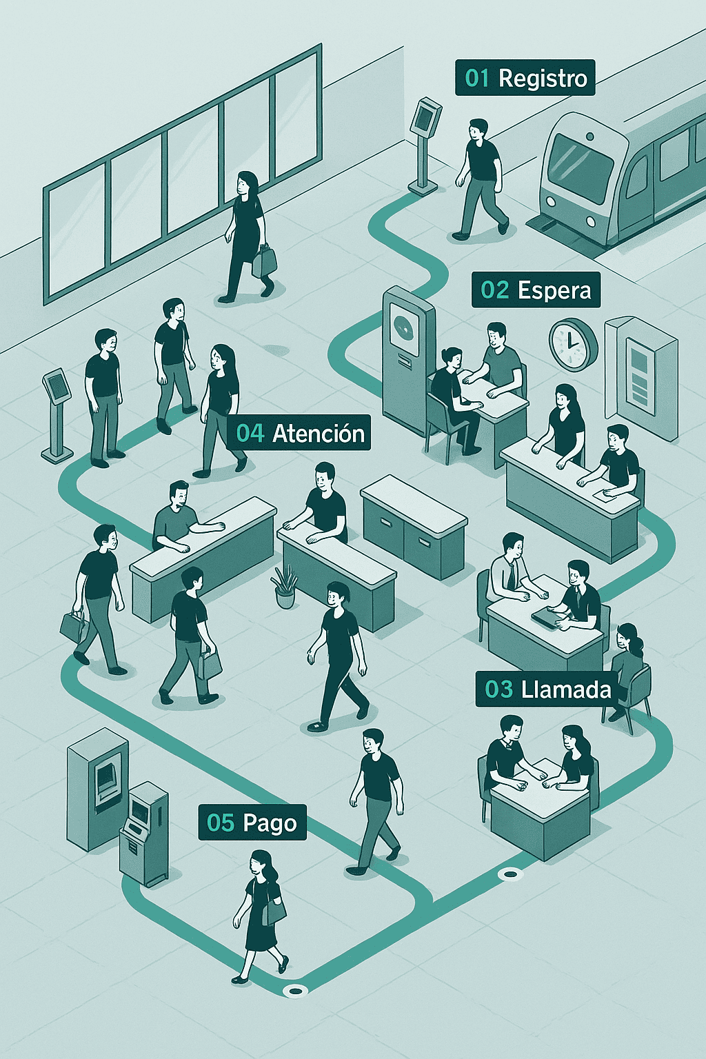 Proceso del kiosco de gestión de colas en el transporte público